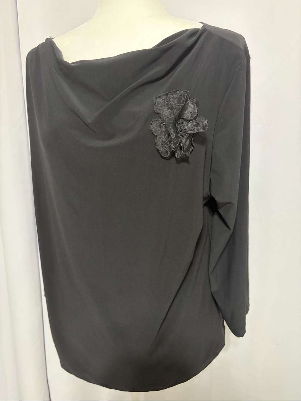 Black Draped Blouse with Floral Appliqué